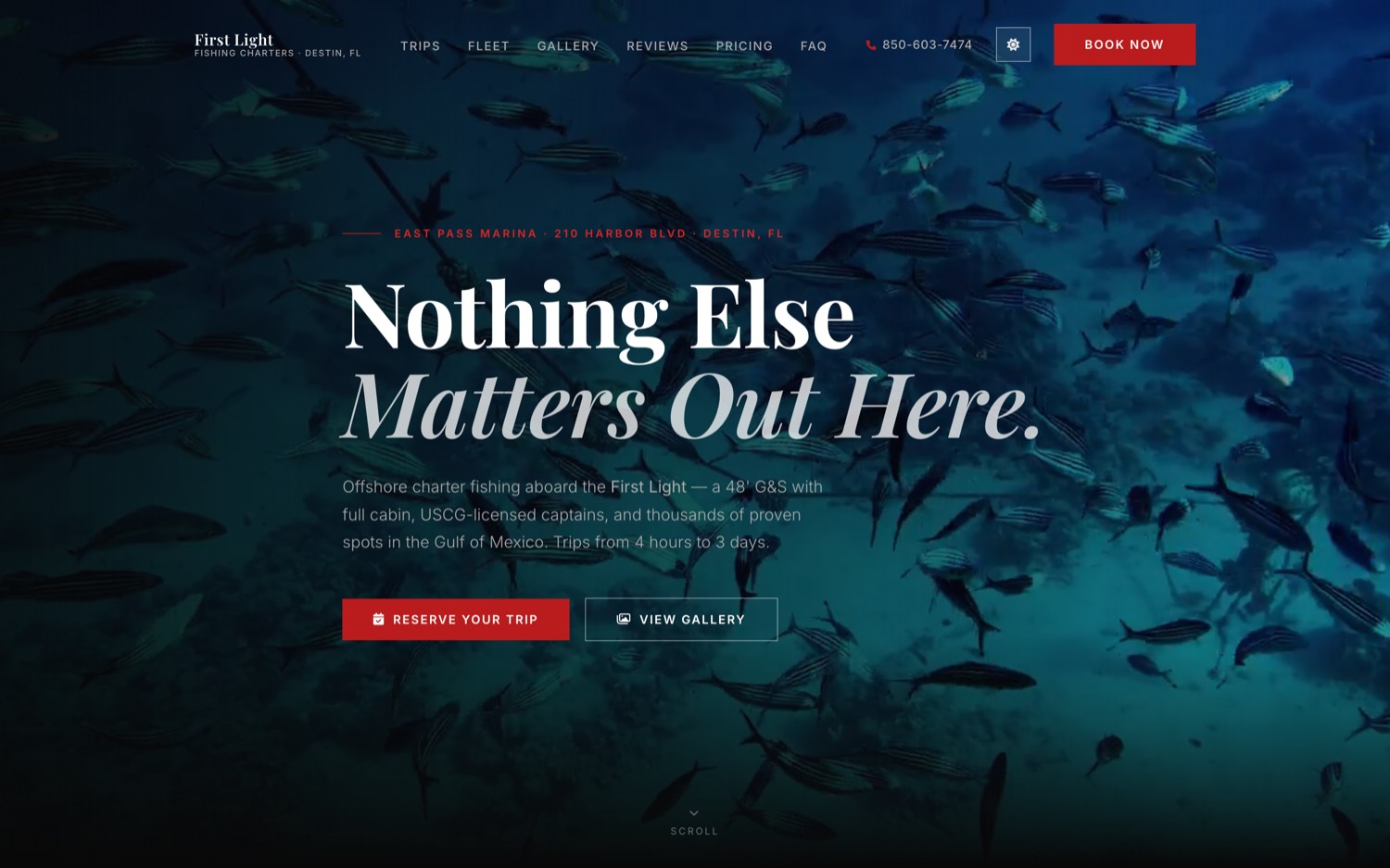 First Light Fishing Charters website hero - cinematic Destin charter fishing site